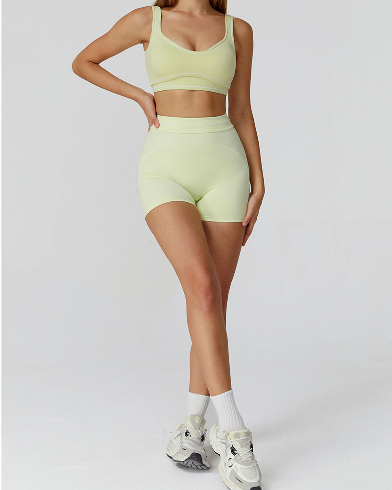 Women Colorblock U Neck Bra Shorts Fitness Yoga Two-piece Sets S-XL