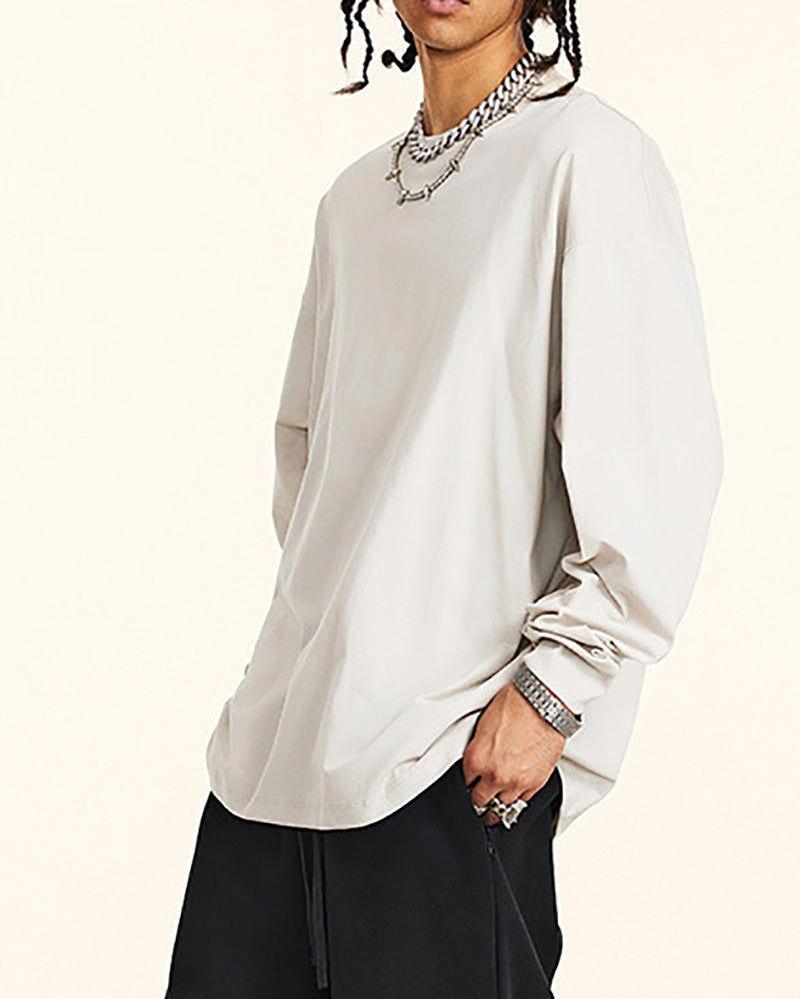 Crew Neck Long Sleeve Solid Color Autumn Loose Sports Basic T-shirt S-2XL