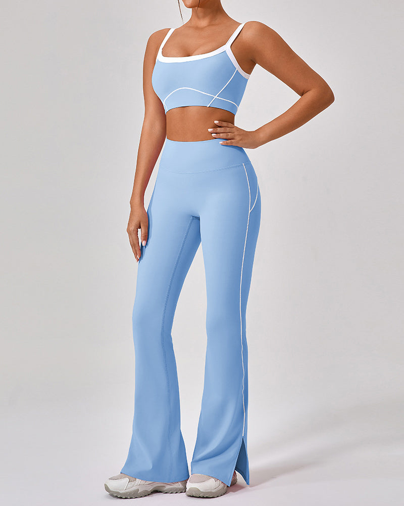 Women Colorblock High Waist Wide Leg Pants Yoga Sports Two Piece Sets S-XL