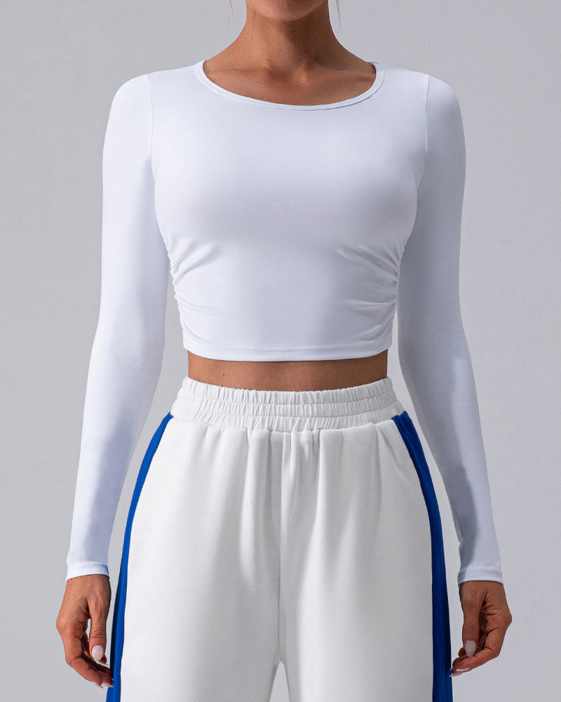 Woman Long Sleeve Solid Color Crew Neck Running Breathable T-shirt Blue Gray White S-XL
