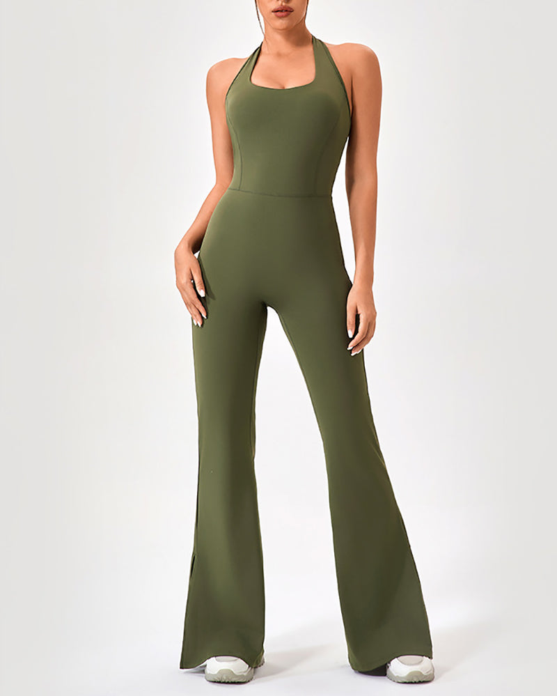 Women Yoga Flared Leg Dance Sleeveless Hips Lift Running Jumpsuit S-2XL