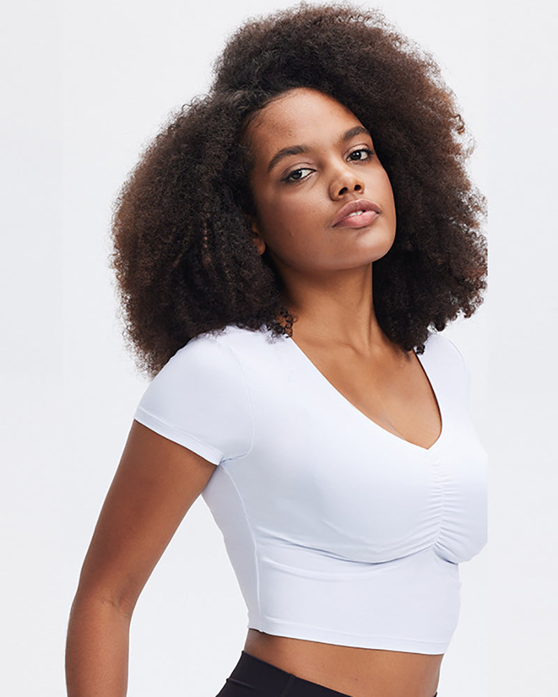 Women V Neck Short Sleeve Elastic Slim Traning Fitness T-shirt S-XL