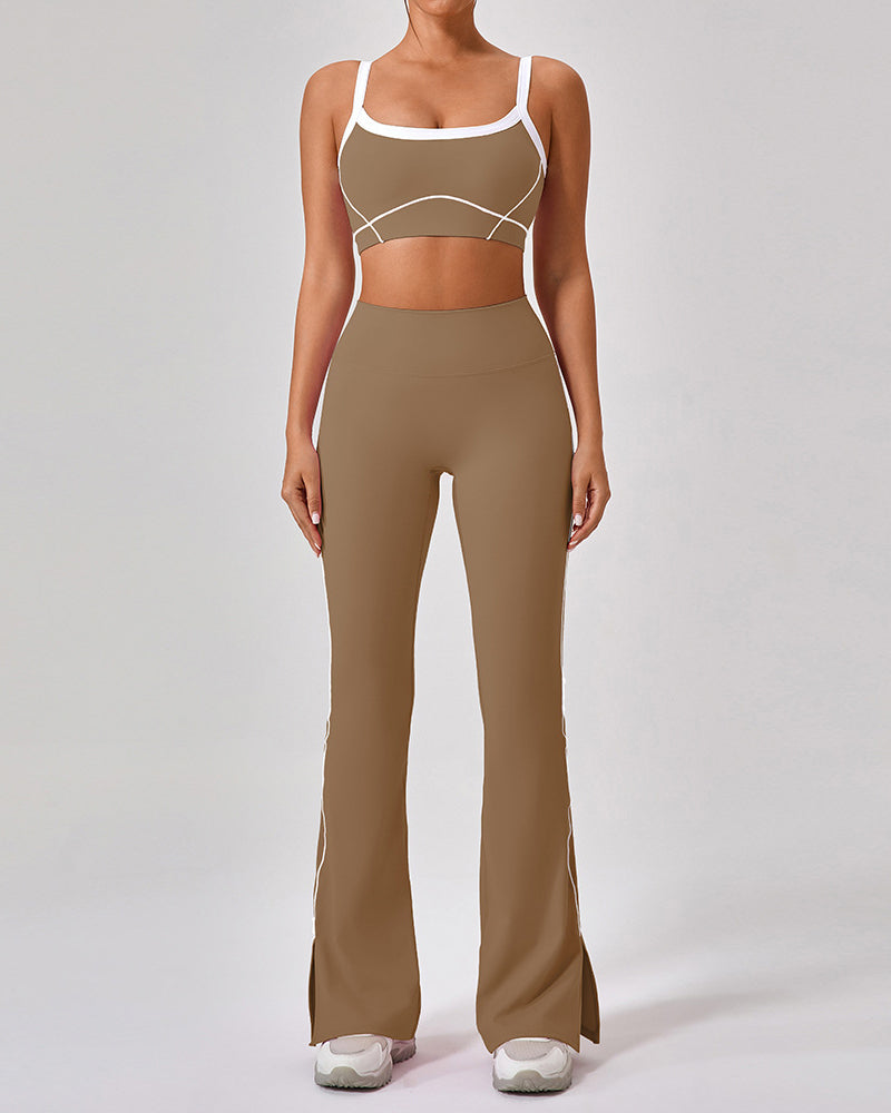 Women Colorblock High Waist Wide Leg Pants Yoga Sports Two Piece Sets S-XL