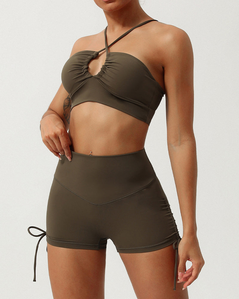 Women Quick Dry Halter Neck Criss Cross Drawstring Shorts Sets Yoga Two Pieces Sets S-XL