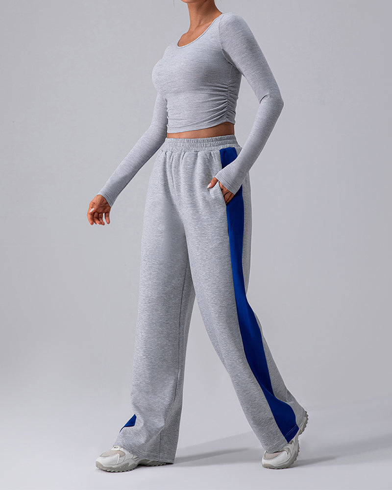 Woman Long Sleeve Solid Color Crew Neck Running Breathable T-shirt Blue Gray White S-XL