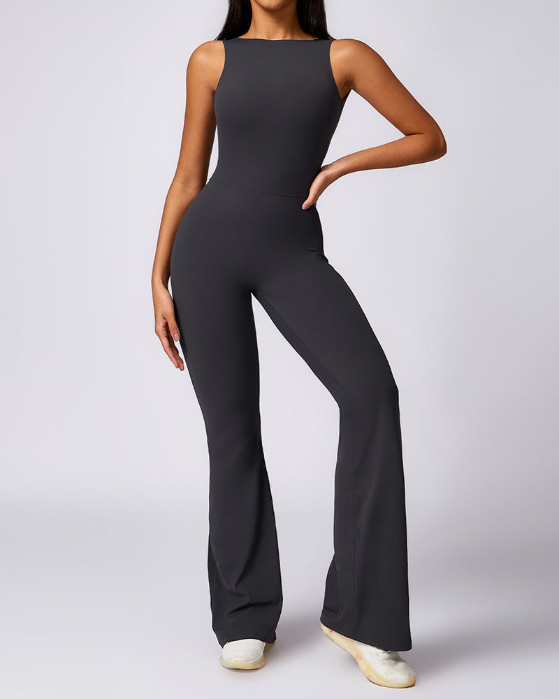 Women Hips Lift Wide Leg Fitness Back Yoga Jumpsuit Black Gray Purple Brown S-XL