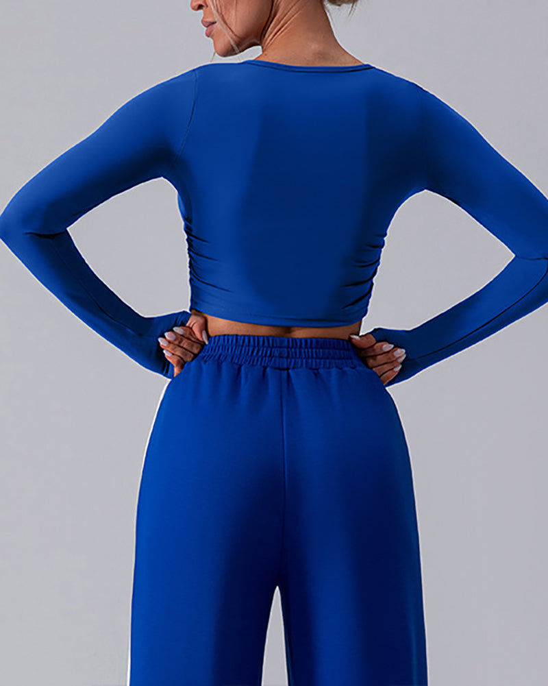 Woman Long Sleeve Solid Color Crew Neck Running Breathable T-shirt Blue Gray White S-XL