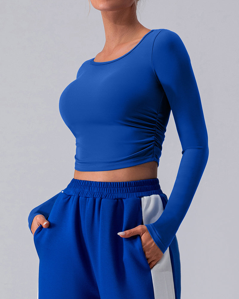 Woman Long Sleeve Solid Color Crew Neck Running Breathable T-shirt Blue Gray White S-XL