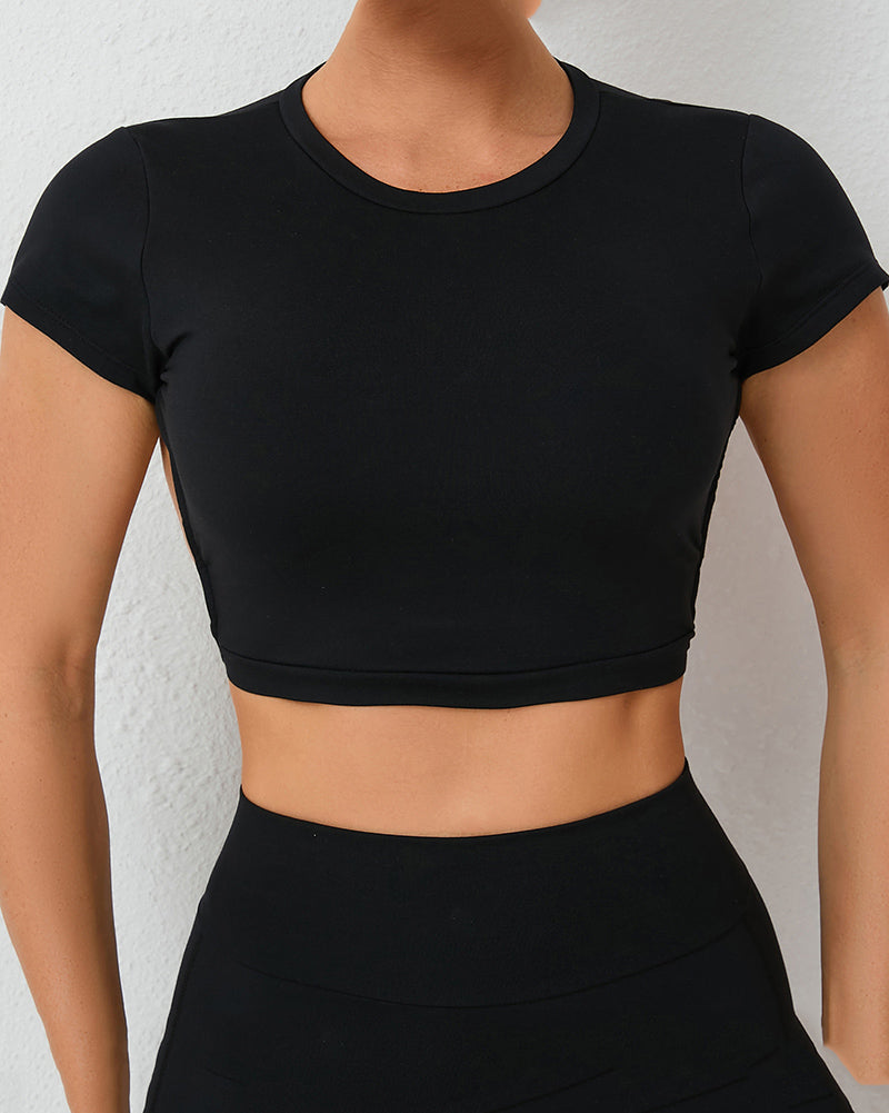 Short Sleeve Backless Removeable Pad Yoga Sports T-shirt Crop Top S-L
