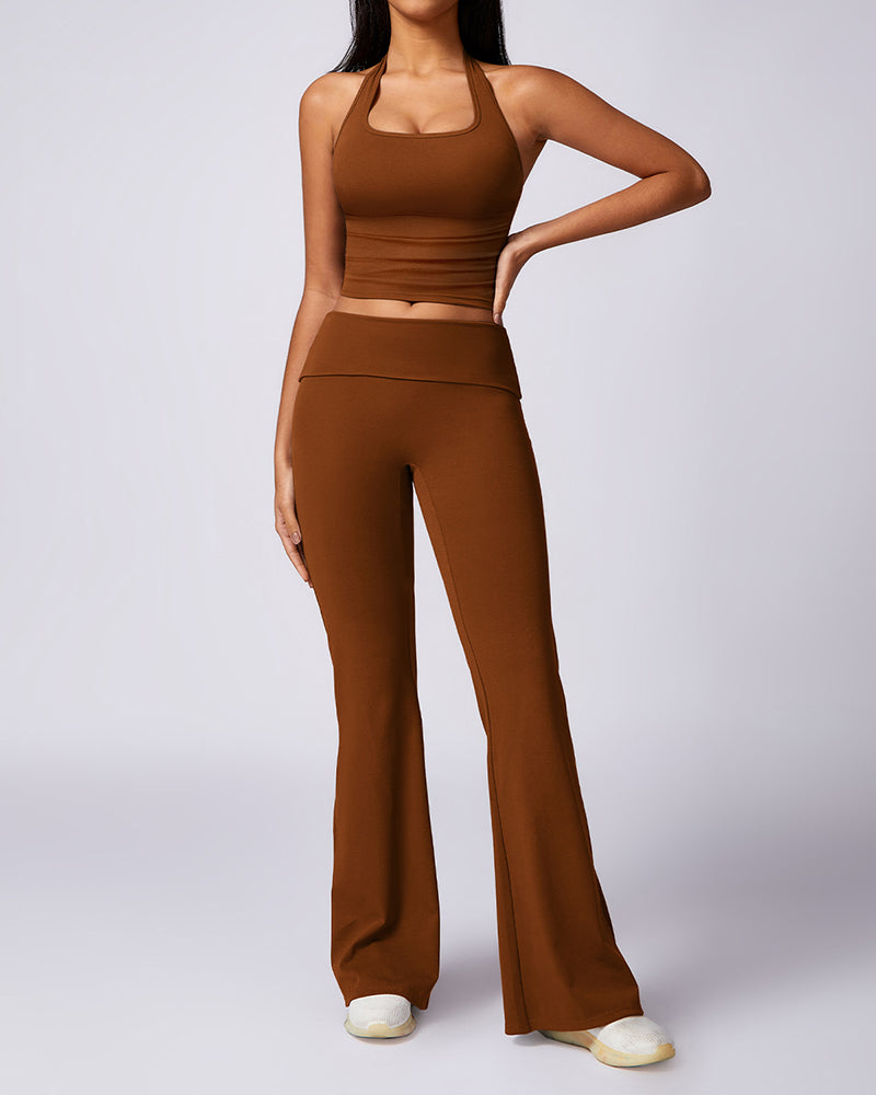 OEM Halter Neck Vest Slim High Waist Pants Yoga Two Piece Sets Black Brown Pink White Gray S-XL
