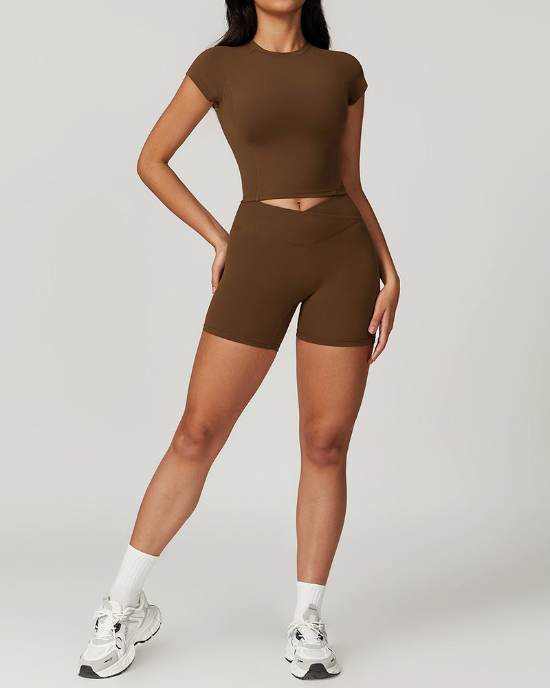 Women Short Sleeve T-shirt Sports Shorts Yoga Two-piece Sets S-XL
