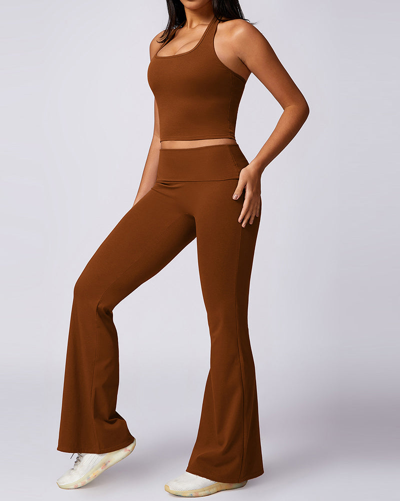 OEM Halter Neck Vest Slim High Waist Pants Yoga Two Piece Sets Black Brown Pink White Gray S-XL