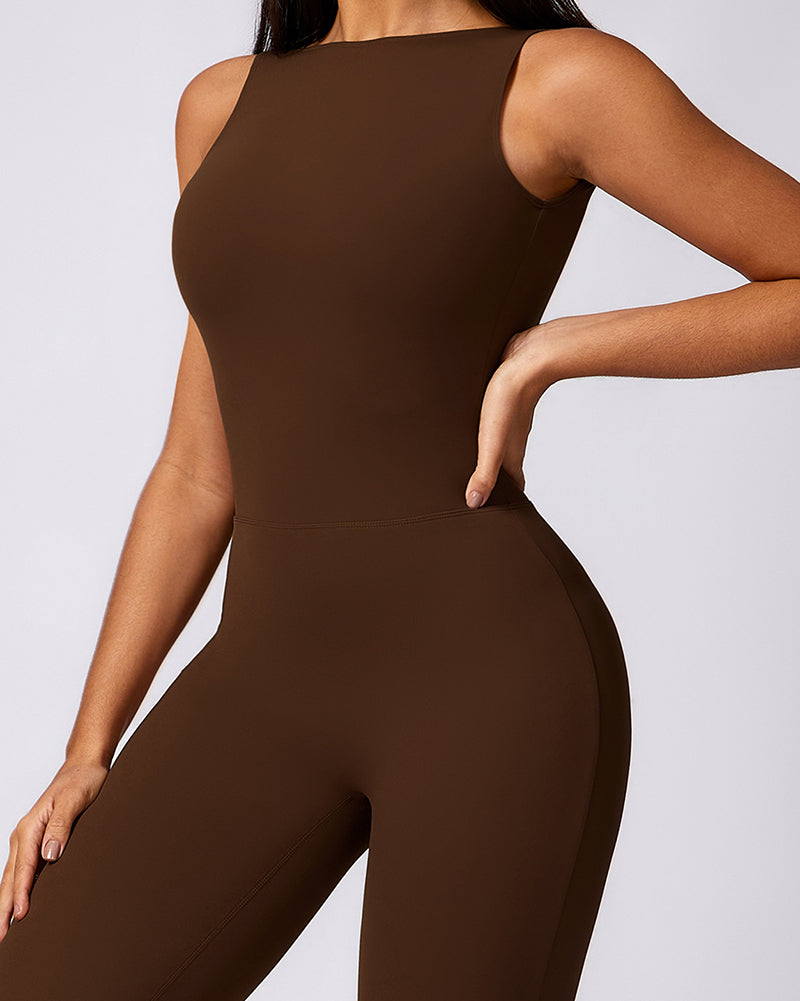 Women Hips Lift Wide Leg Fitness Back Yoga Jumpsuit Black Gray Purple Brown S-XL