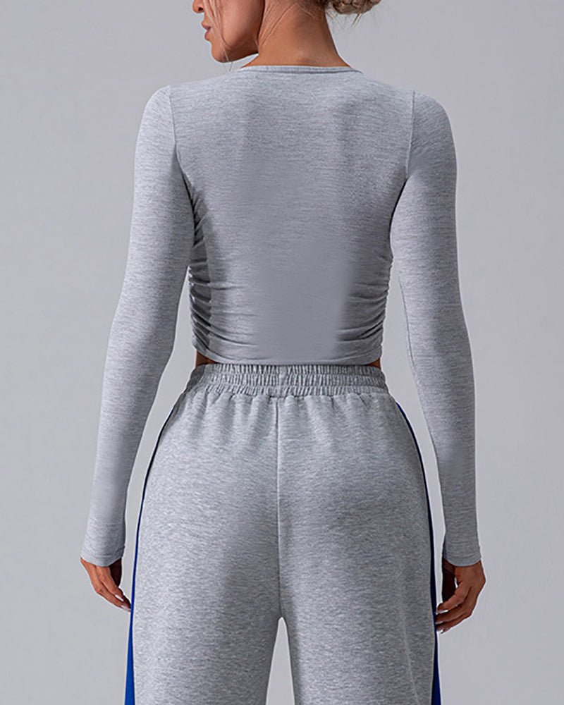 Woman Long Sleeve Solid Color Crew Neck Running Breathable T-shirt Blue Gray White S-XL