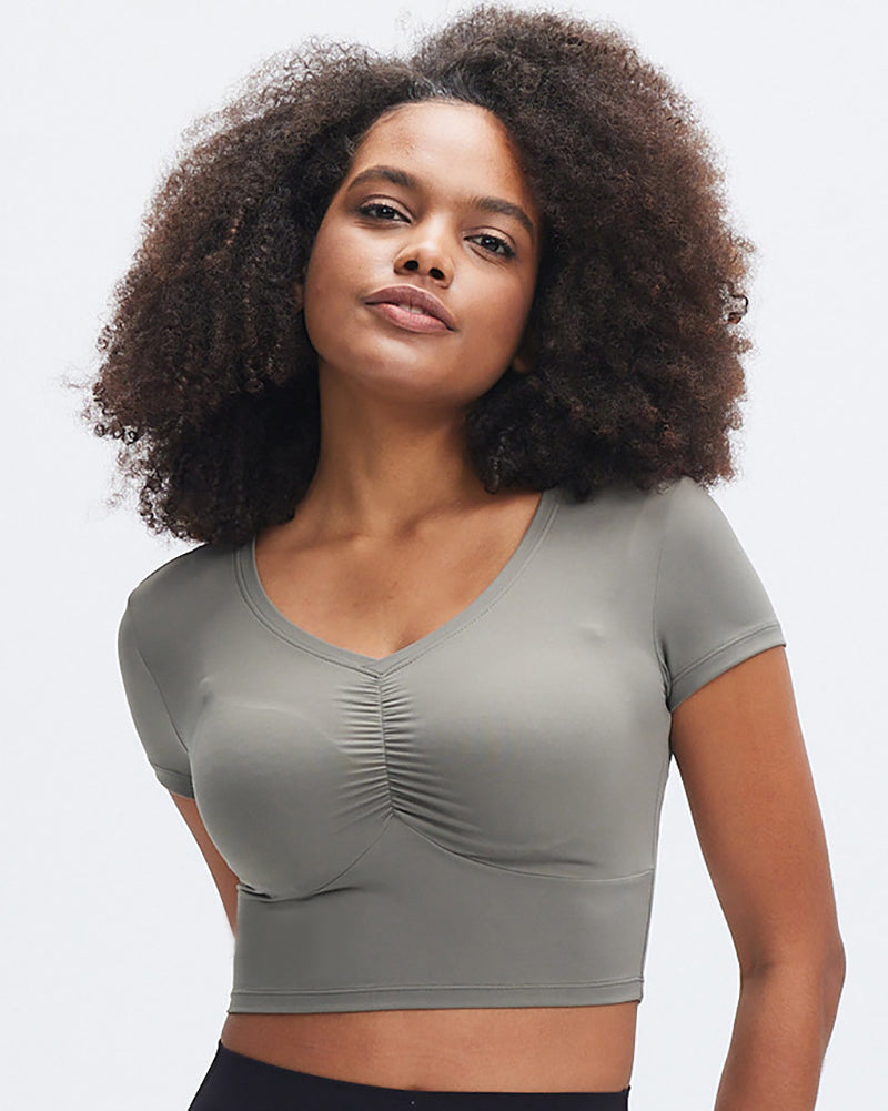 Women V Neck Short Sleeve Elastic Slim Traning Fitness T-shirt S-XL