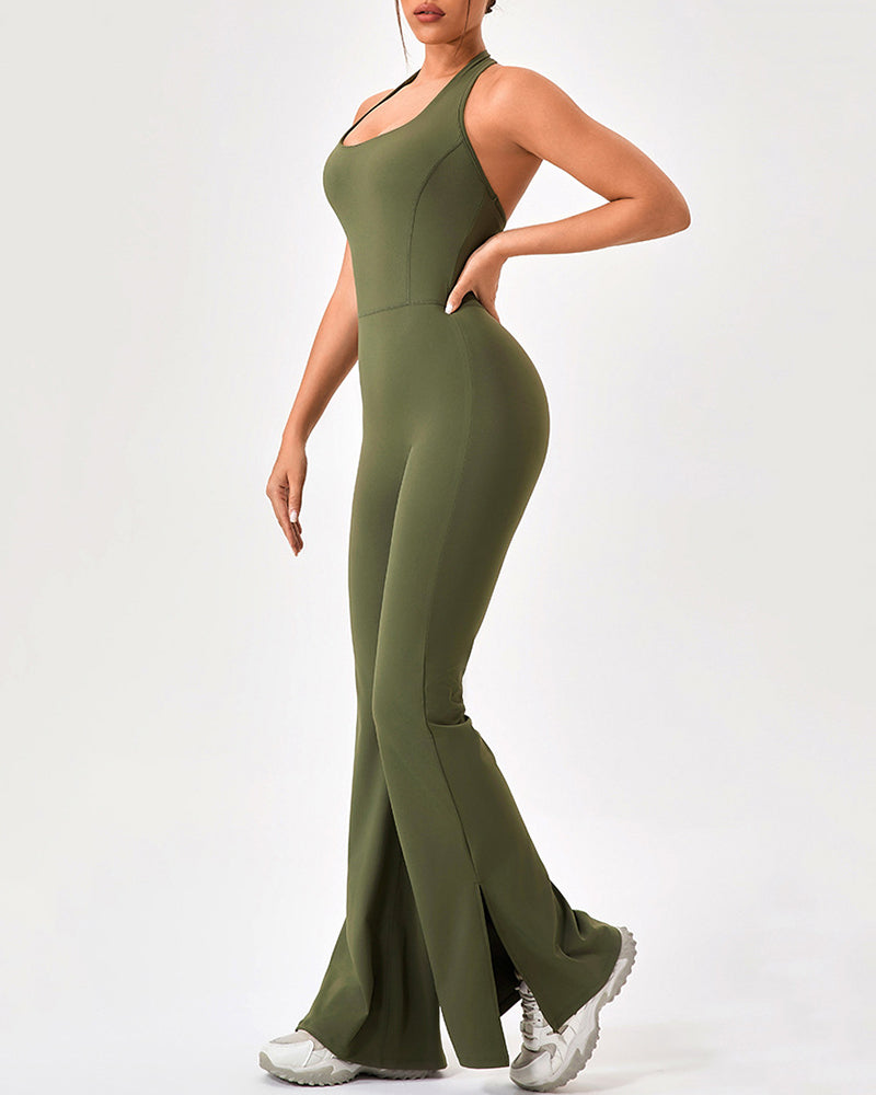 Women Yoga Flared Leg Dance Sleeveless Hips Lift Running Jumpsuit S-2XL