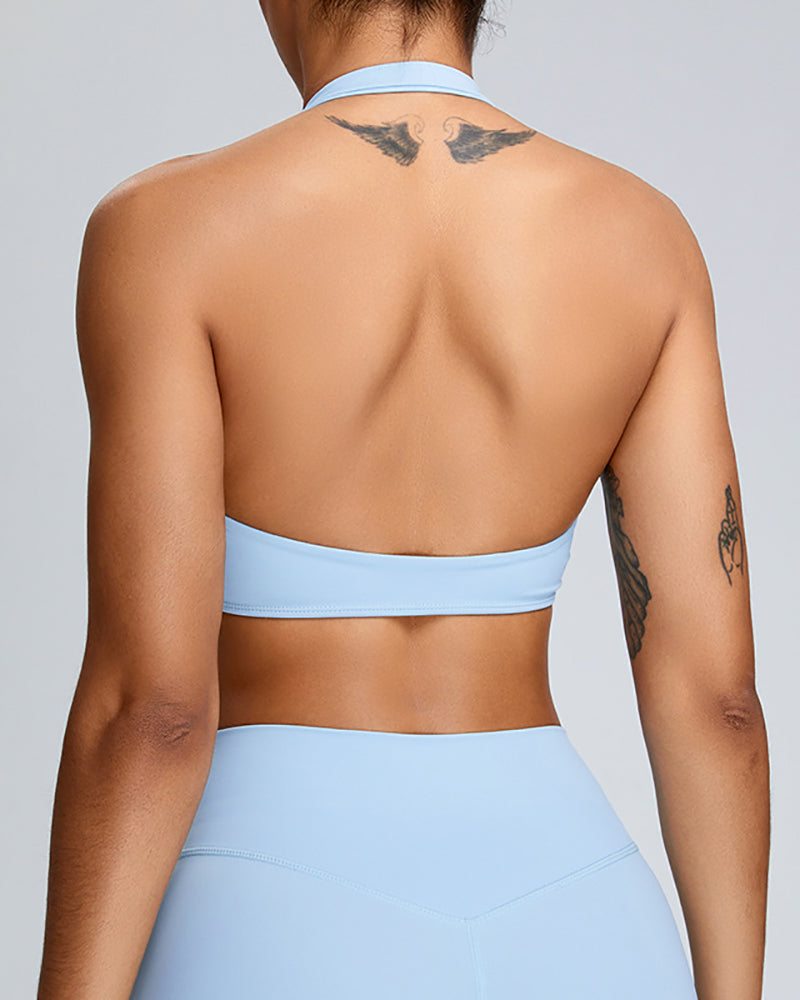 Halter Neck Backless Sports Quick Drying V-neck Bra Pink Yellow Green Blue S-XL