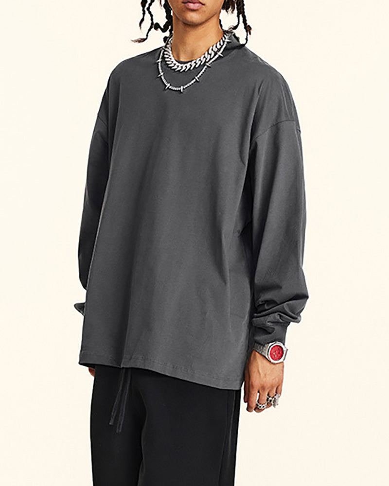Crew Neck Long Sleeve Solid Color Autumn Loose Sports Basic T-shirt S-2XL