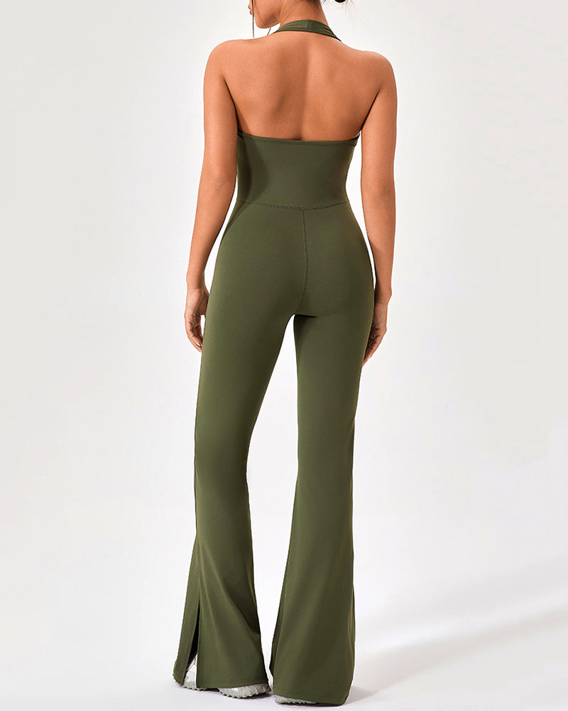 Women Yoga Flared Leg Dance Sleeveless Hips Lift Running Jumpsuit S-2XL