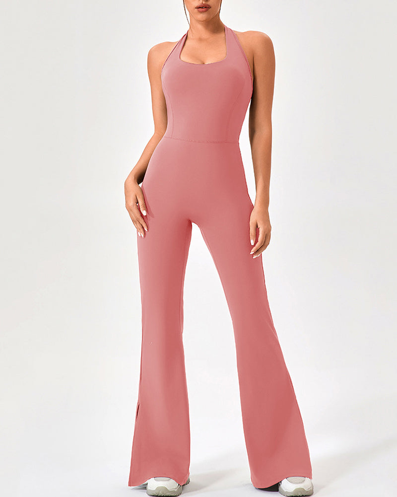 Women Yoga Flared Leg Dance Sleeveless Hips Lift Running Jumpsuit S-2XL