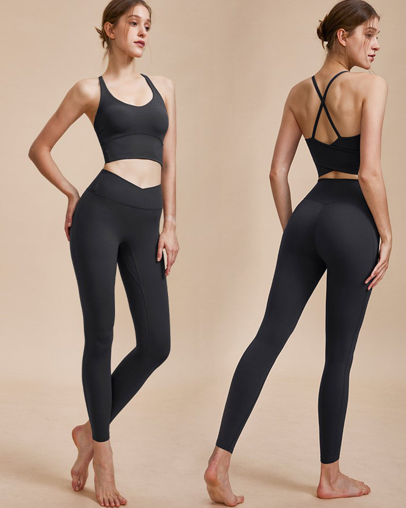 Women Sling V Neck Wrap Back Solid Color Fitness Running Yoga Vest S-L