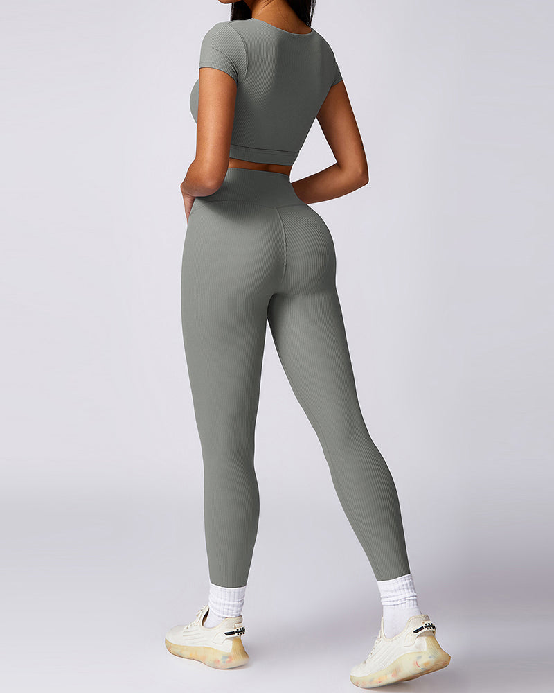 Factory Price Sports Button Short Sleeve Crop Top High Waist Pants Two Piece Sets Blue Black Brown Gray S-XL