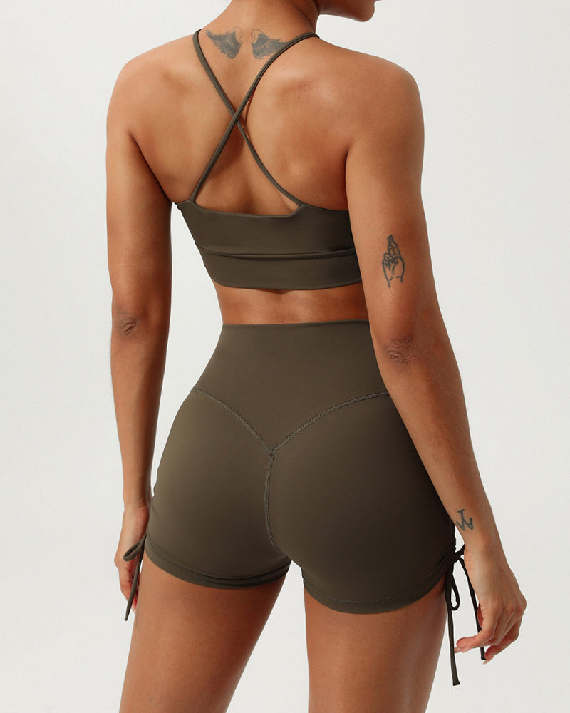 Women Quick Dry Halter Neck Criss Cross Drawstring Shorts Sets Yoga Two Pieces Sets S-XL