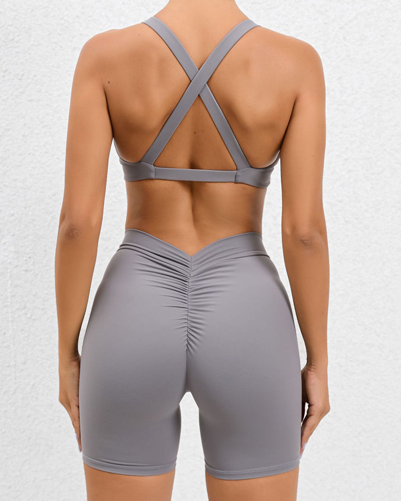 Criss Cross Back V Neck Sports Bra Quick Drying Hips LIft Outdoor Running Shorts Sets S-L