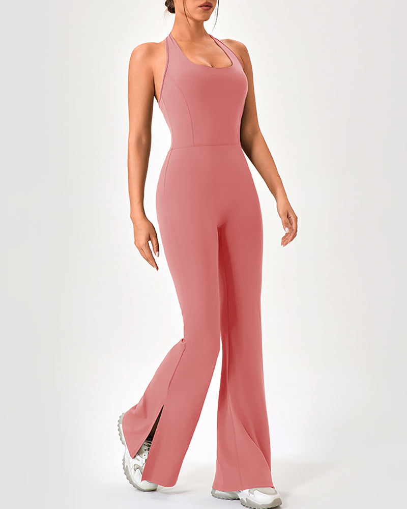 Women Yoga Flared Leg Dance Sleeveless Hips Lift Running Jumpsuit S-2XL