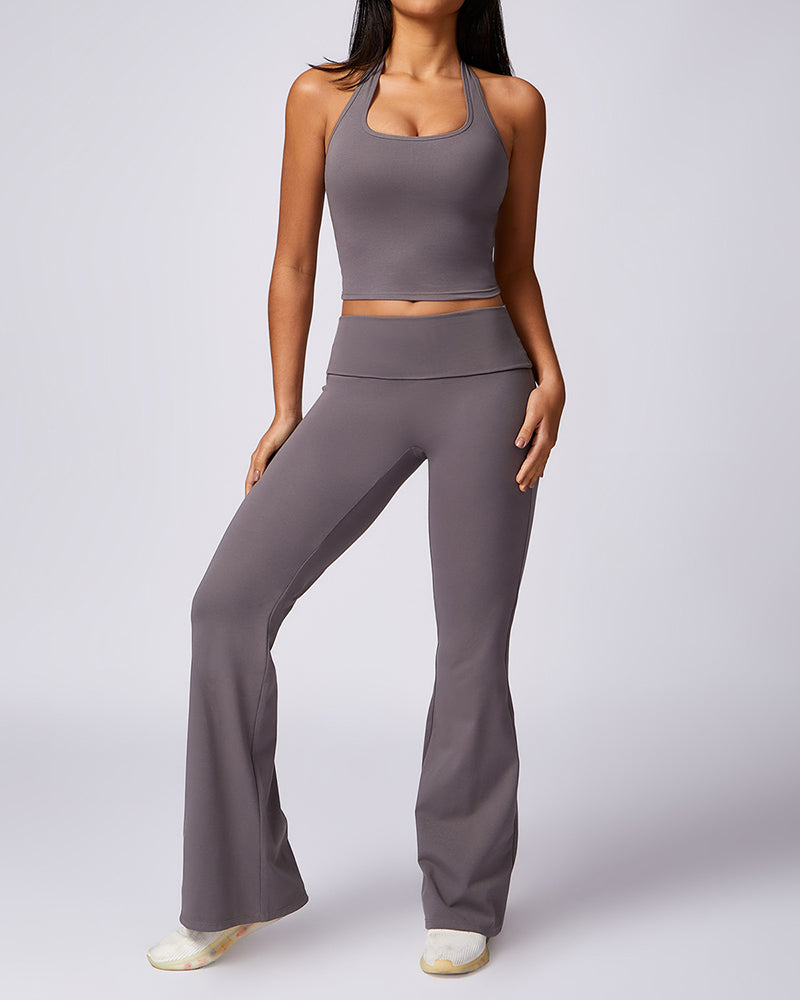 OEM Halter Neck Vest Slim High Waist Pants Yoga Two Piece Sets Black Brown Pink White Gray S-XL