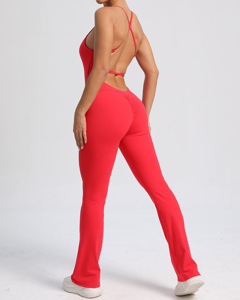 Add Logo OEM Women Sling Criss Cross Back Fitness Yoga Jumpsuit S-L