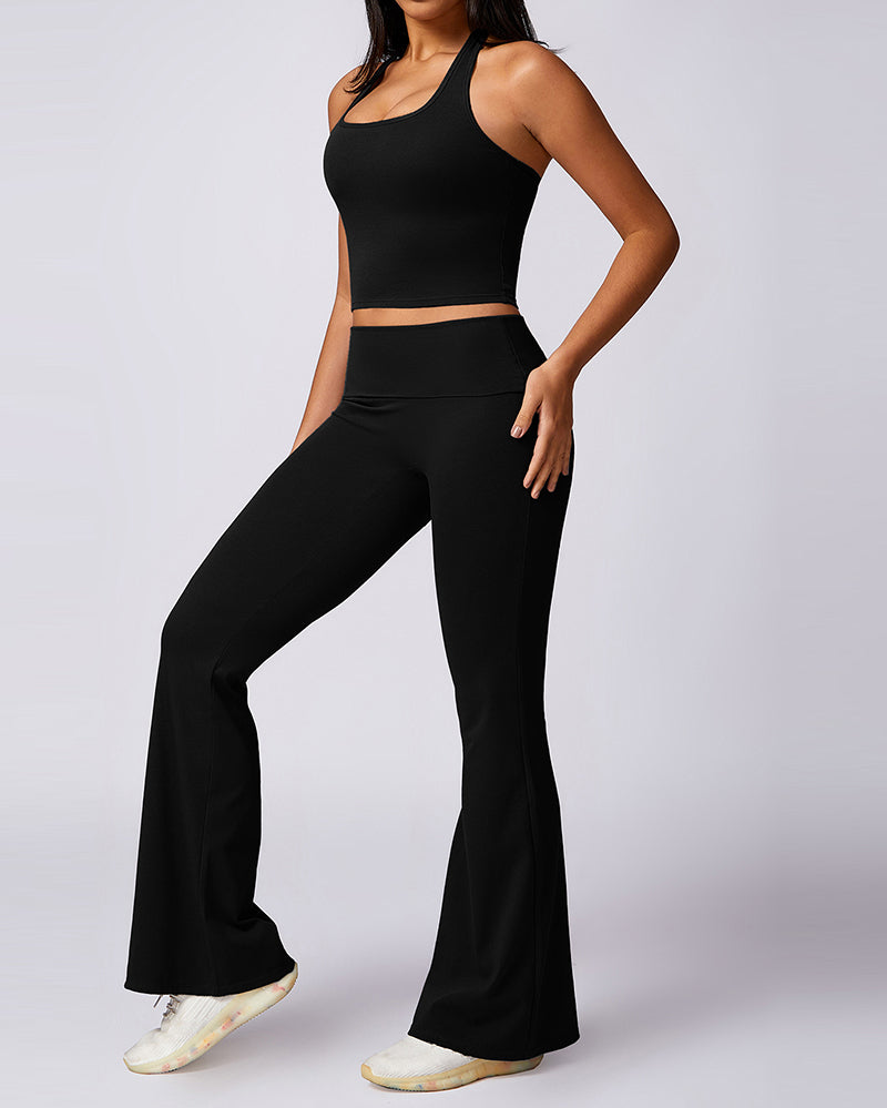 OEM Halter Neck Vest Slim High Waist Pants Yoga Two Piece Sets Black Brown Pink White Gray S-XL