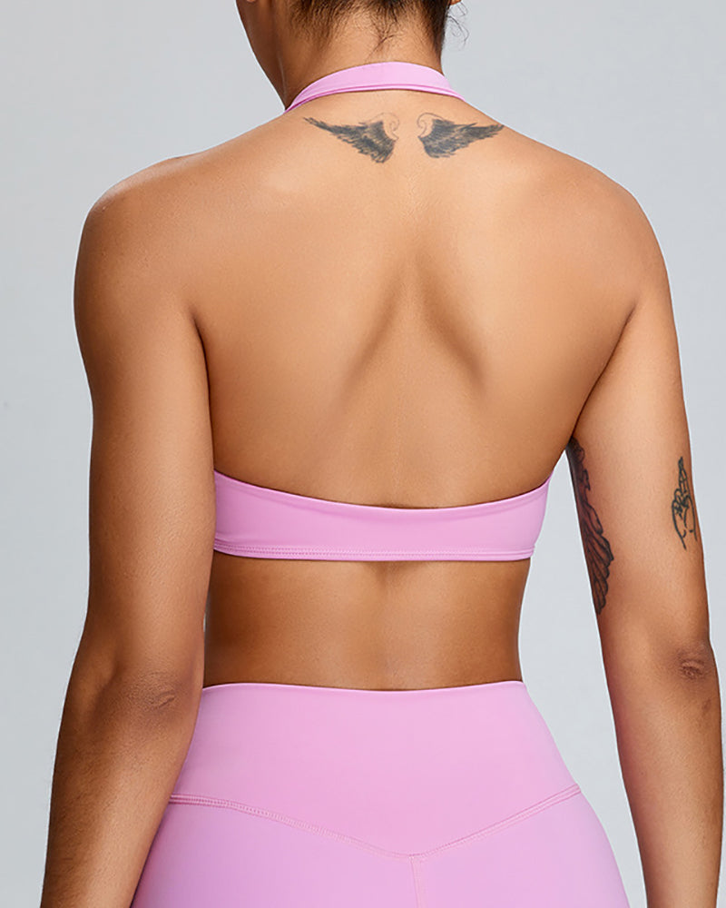 Halter Neck Backless Sports Quick Drying V-neck Bra Pink Yellow Green Blue S-XL