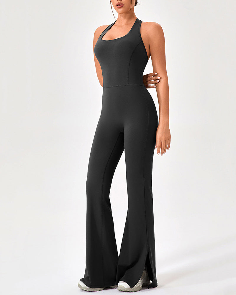Women Yoga Flared Leg Dance Sleeveless Hips Lift Running Jumpsuit S-2XL