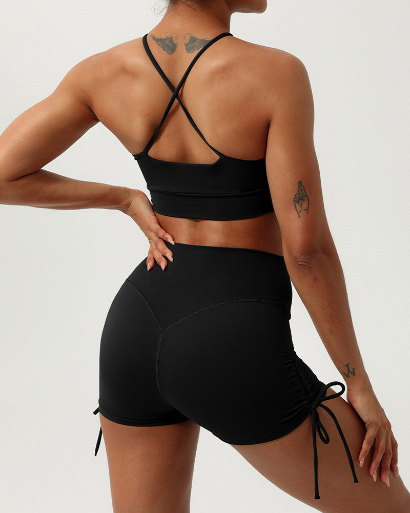 Women Quick Dry Halter Neck Criss Cross Drawstring Shorts Sets Yoga Two Pieces Sets S-XL