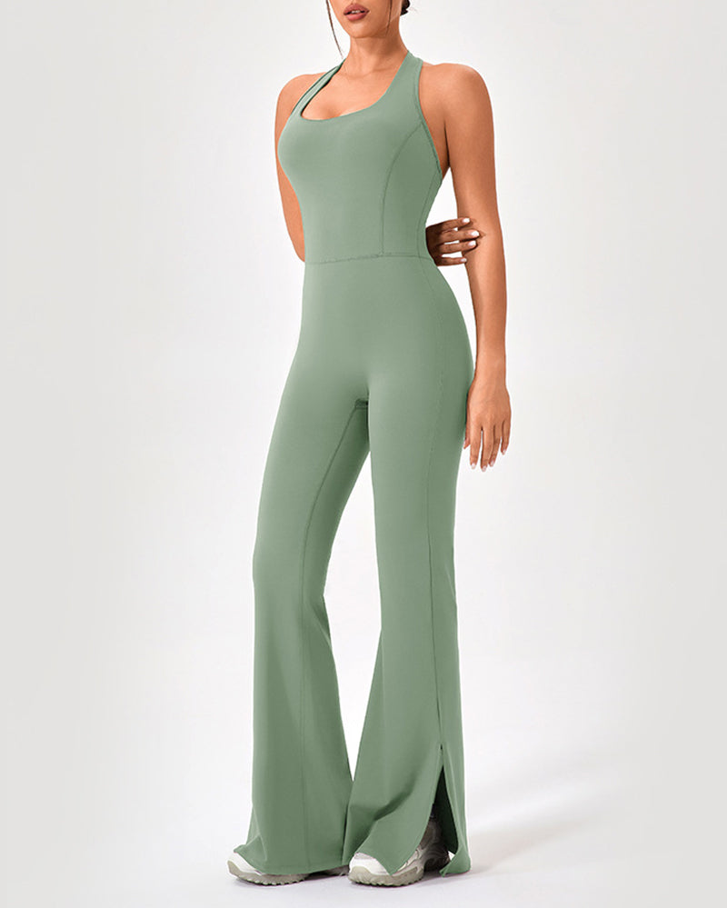 Women Yoga Flared Leg Dance Sleeveless Hips Lift Running Jumpsuit S-2XL