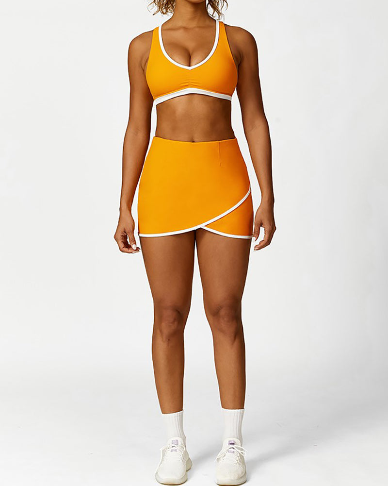 Colorblock Criss Cross Sports Bra Tennis Skirts Yoga Two-piece Sets S-L
