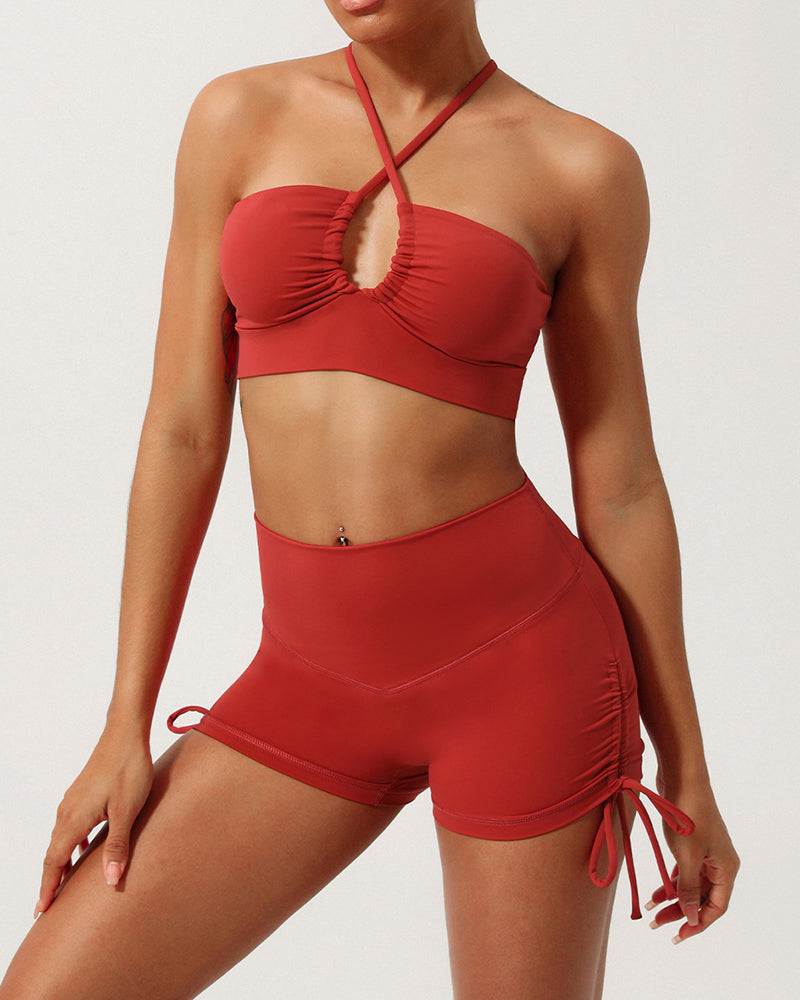 Women Quick Dry Halter Neck Criss Cross Drawstring Shorts Sets Yoga Two Pieces Sets S-XL