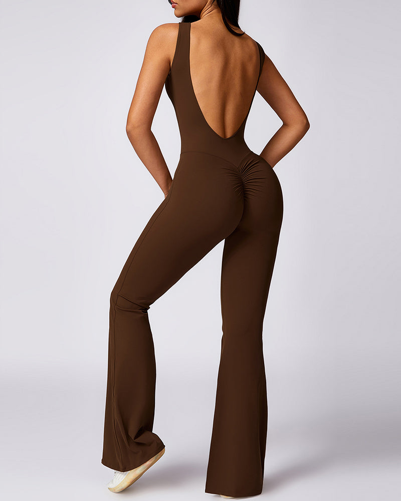 Women Hips Lift Wide Leg Fitness Back Yoga Jumpsuit Black Gray Purple Brown S-XL
