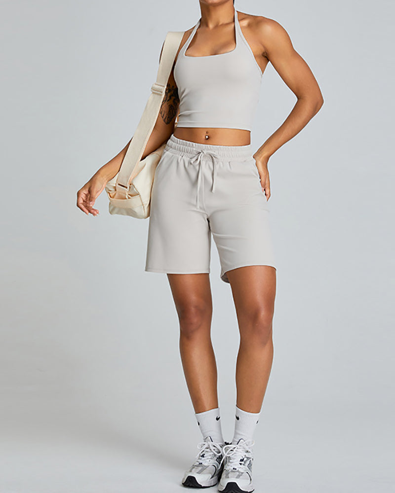 Women Halter Neck Outdoor Sport Vest Training Yoga Two-piece Shorts Set Green Pink White Brown S-XL