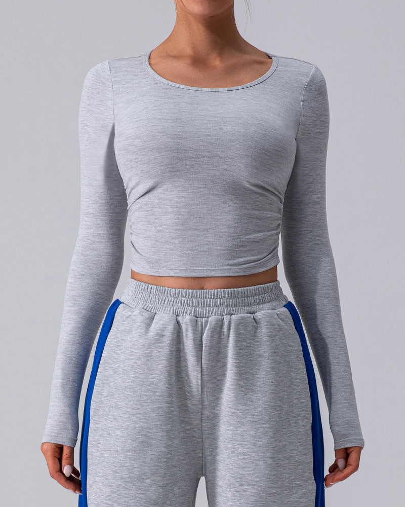 Woman Long Sleeve Solid Color Crew Neck Running Breathable T-shirt Blue Gray White S-XL