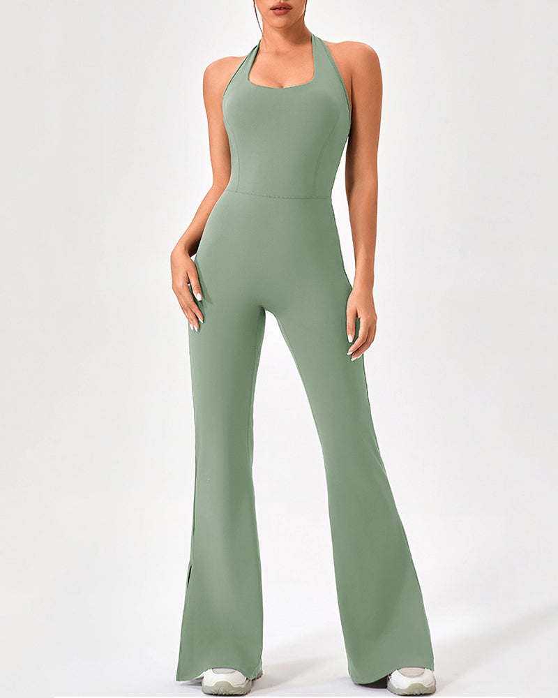 Women Yoga Flared Leg Dance Sleeveless Hips Lift Running Jumpsuit S-2XL