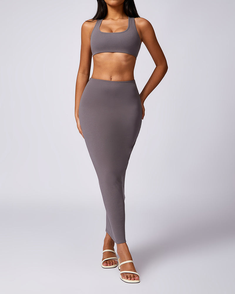 OEM LOGO Sports Bra Bodycon Skirt Two-piece Set Black Brown Gray Pink White S-XL