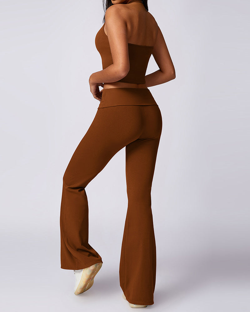 OEM Halter Neck Vest Slim High Waist Pants Yoga Two Piece Sets Black Brown Pink White Gray S-XL
