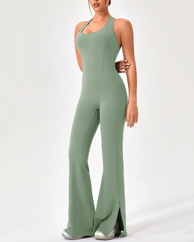 Women Yoga Flared Leg Dance Sleeveless Hips Lift Running Jumpsuit S-2XL