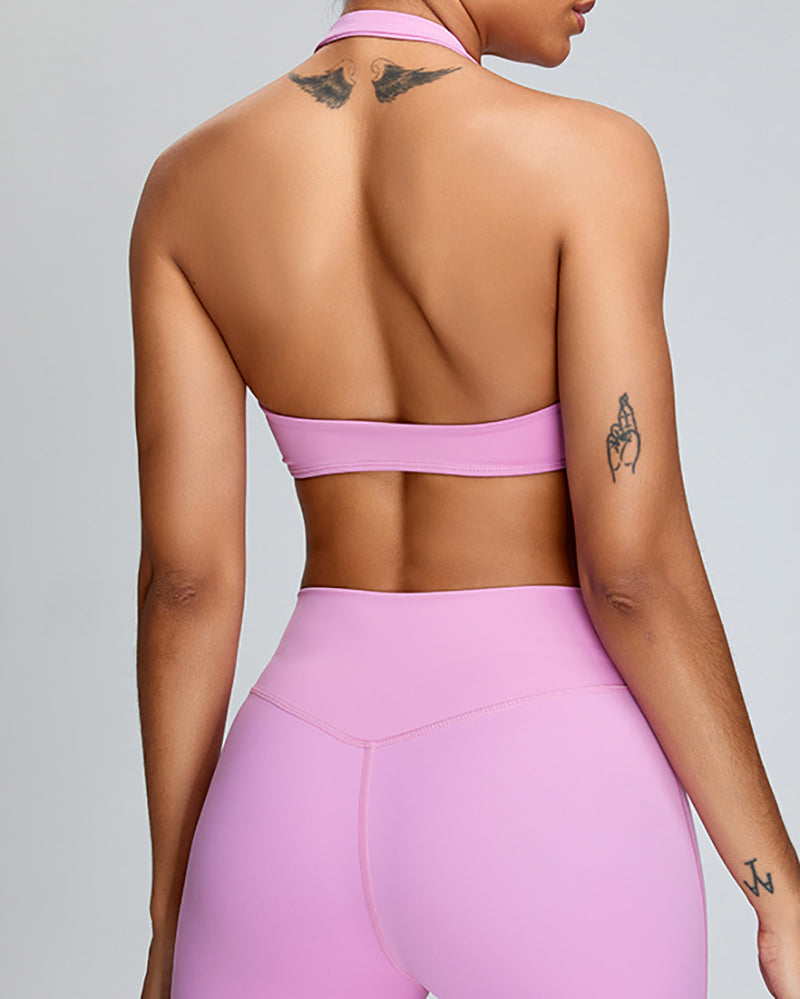 Halter Neck Backless Sports Quick Drying V-neck Bra Pink Yellow Green Blue S-XL