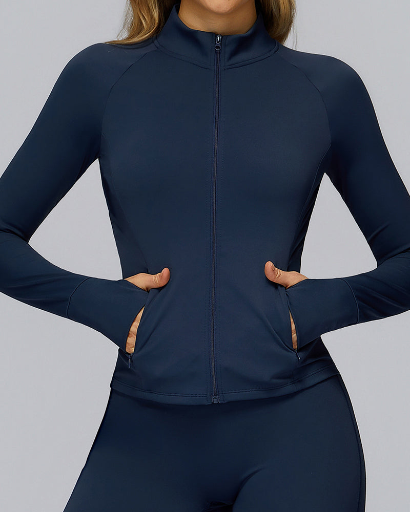 Brushed Long-Sleeved Zipper Pocket Quick-Drying Tights Outdoor Sports Running Jacket S-XL