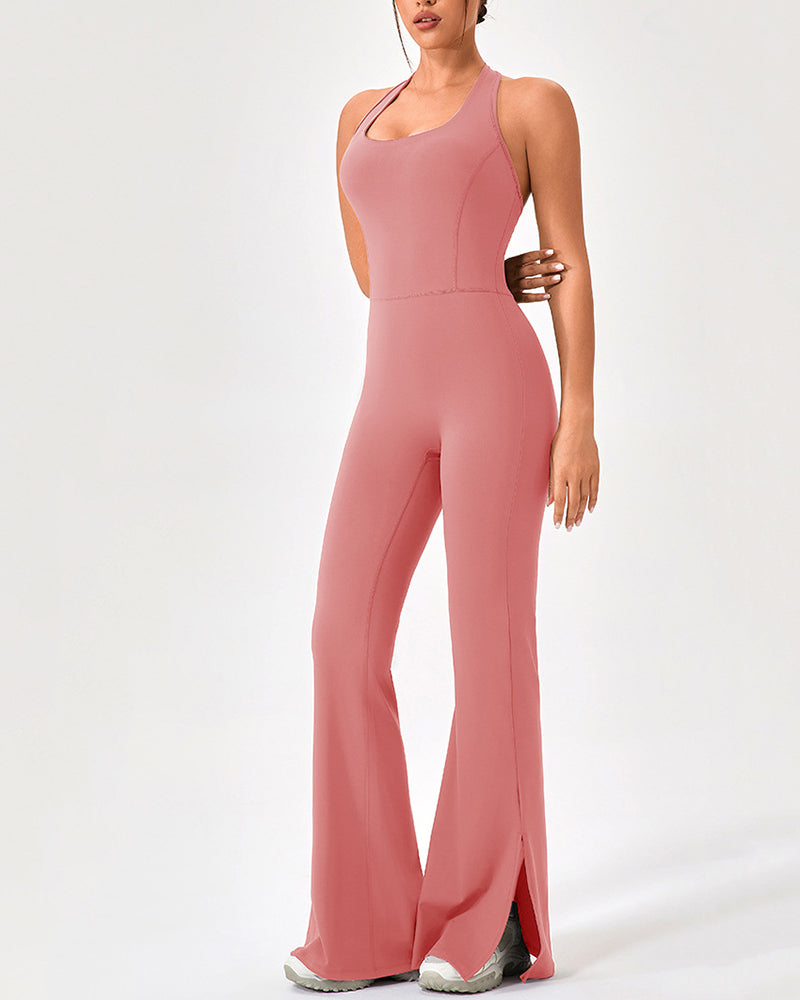 Women Yoga Flared Leg Dance Sleeveless Hips Lift Running Jumpsuit S-2XL