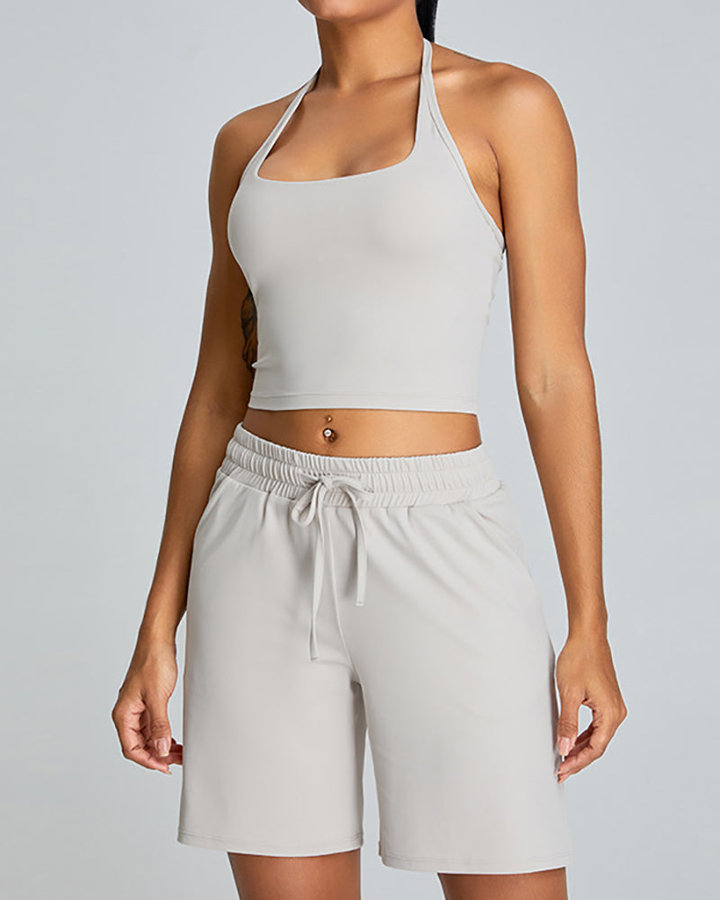 Women Halter Neck Outdoor Sport Vest Training Yoga Two-piece Shorts Set Green Pink White Brown S-XL