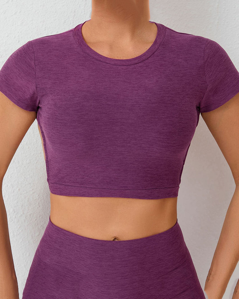 Short Sleeve Backless Removeable Pad Yoga Sports T-shirt Crop Top S-L